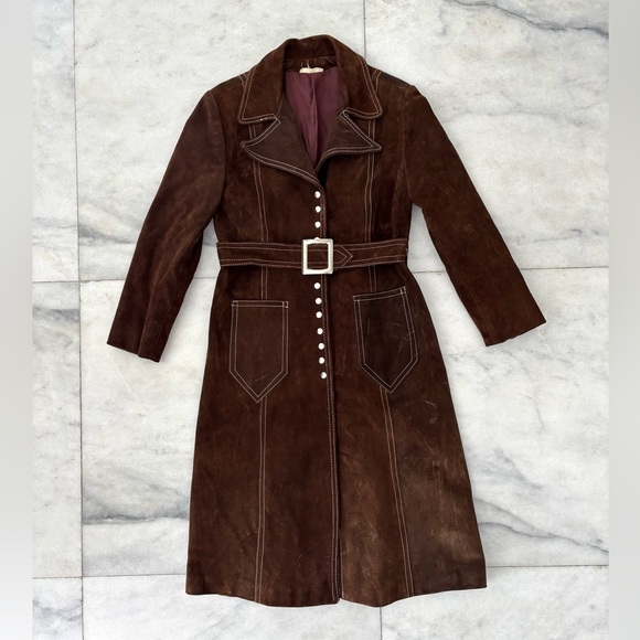 Vintage Jackets & Blazers - Vintage 70s Overcoat Jacket Brown Suede Belt Women Small Western Cowgirl Boho